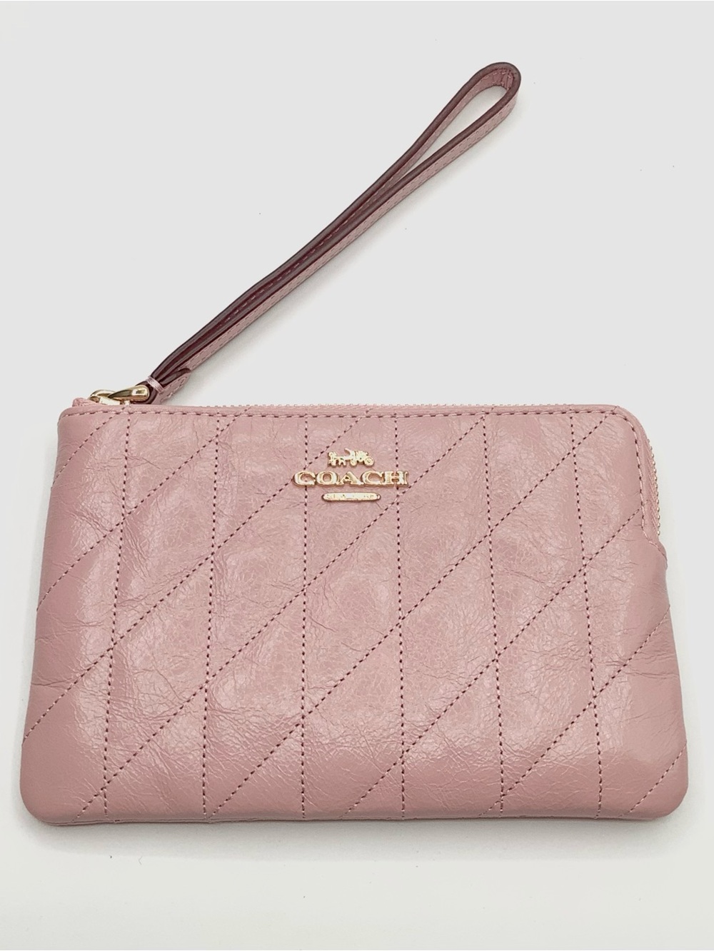 Coach Quilted Corner Zip Wristlet in Gold/Carnation Leather - NWT